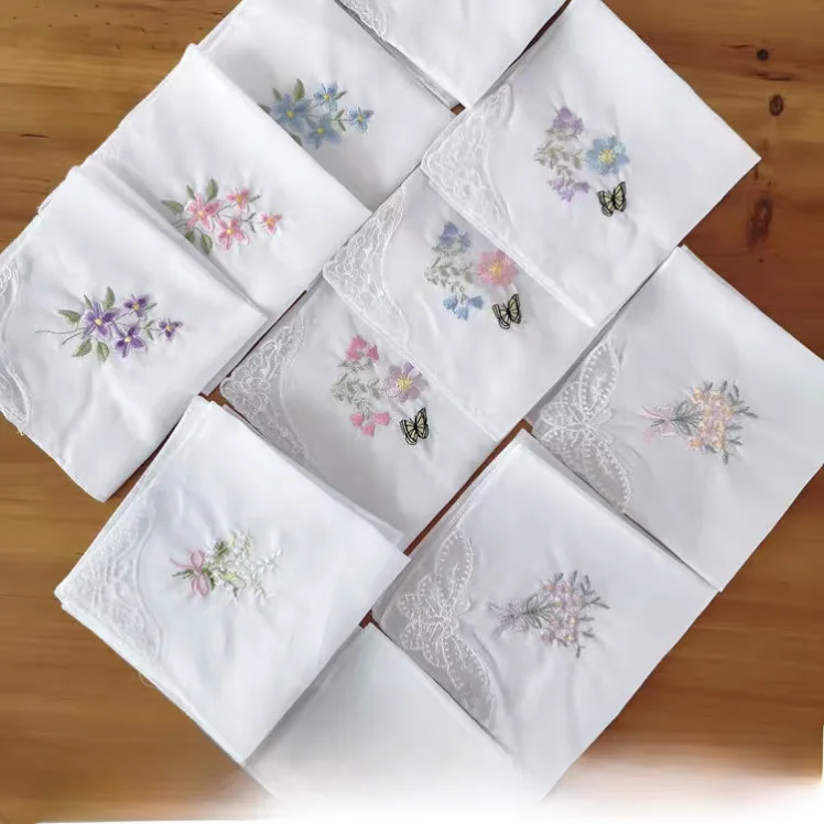 

Носовой платок из чистого хлопка с вышитым цветочным дизайном и искусственным квадратным шарфом, кружевной уголок, сделай сам, ручная вышивка