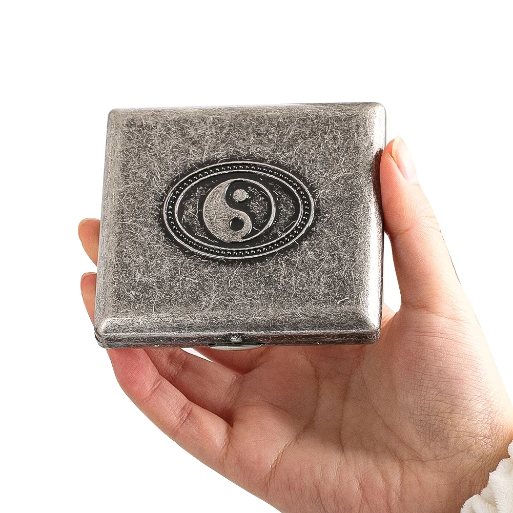 Nickel Silver Cigarette Case Vintage Square Metal Tobacco Holder Flip Lid Pocket Storage Box Yin Yang Symbol Design