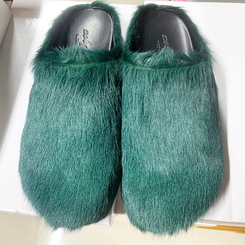 

Fashion Design Men Mules Slippers Italy new Moccasins Fur Horsehair Flat Shoes Women Genuine Leather Casual Slipper For outdoor