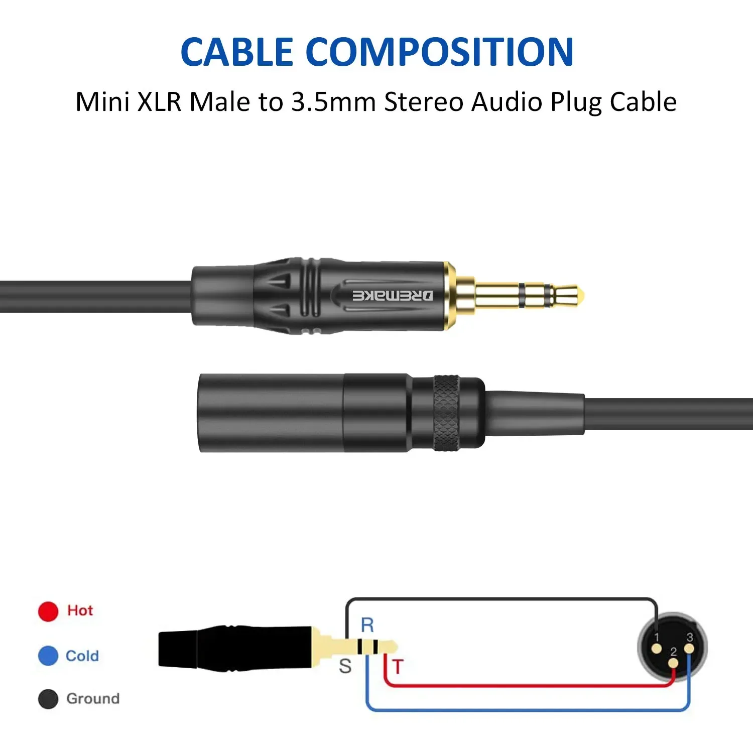 3.5 To Mini XLR Mlae Balanced Audio Cables Mini XLR 3-Pin To 3.5mm 1/8‘’ TRS Male Cord for Headphone Carmera Converter Etc