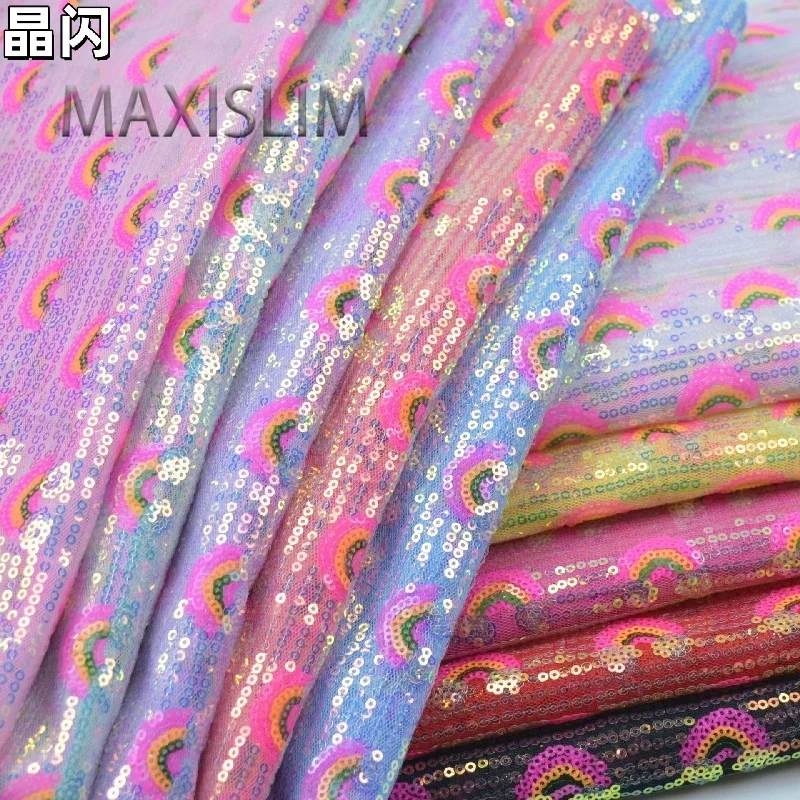 3MM Rainbow Sequin Fabric Mesh Bottom,Stage Wear Handicrafts Bags Toys Accessories Sequin Fabric Embroidered Fabric 125CM