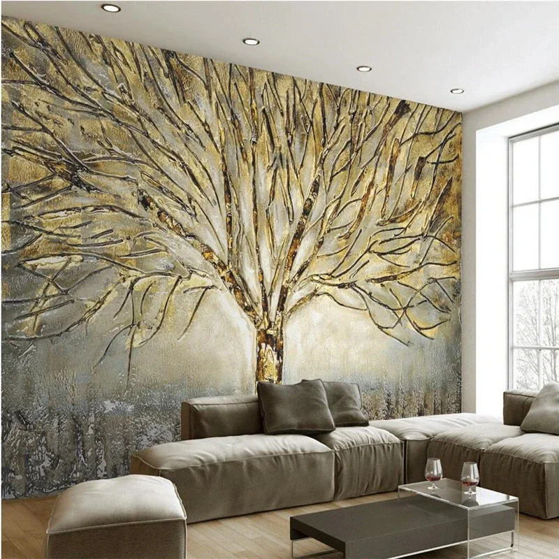 Custom wallpaper 3d mural stylish tree modern metal relief oil painting background wall psimple European tree abstract wallpaper