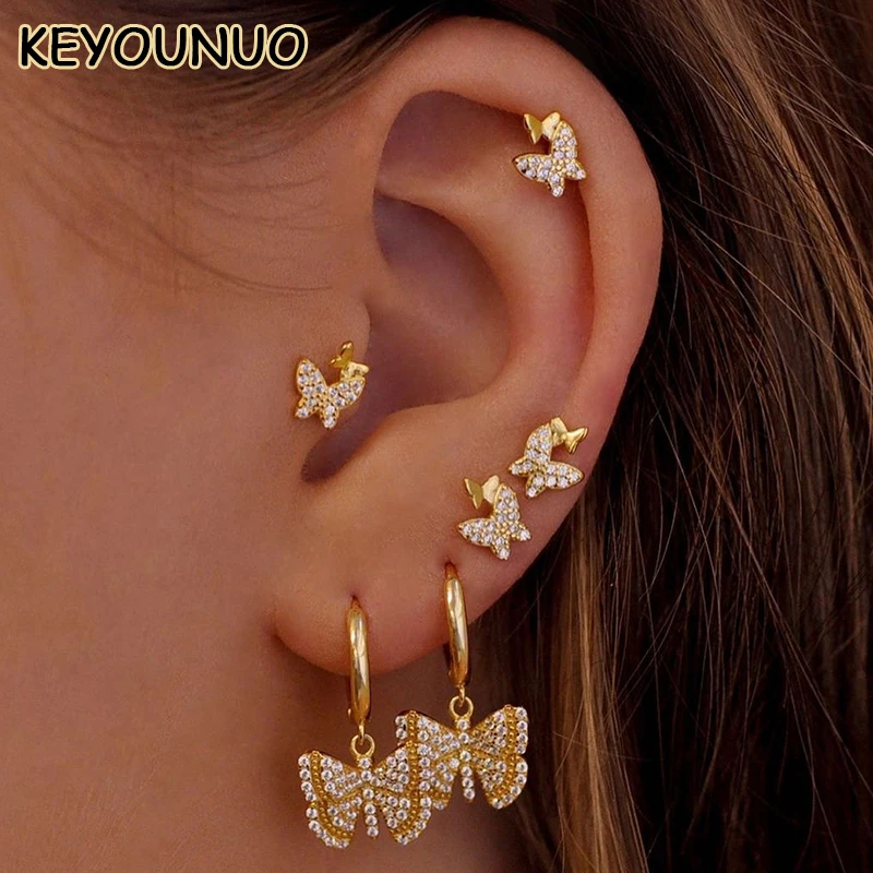 KYOUNUO Gold Silver Filled Hoop Drop Dangle Earrings For Women Zircon Piercing Butterfly Stud Earrings Party Jewelry Wholesale