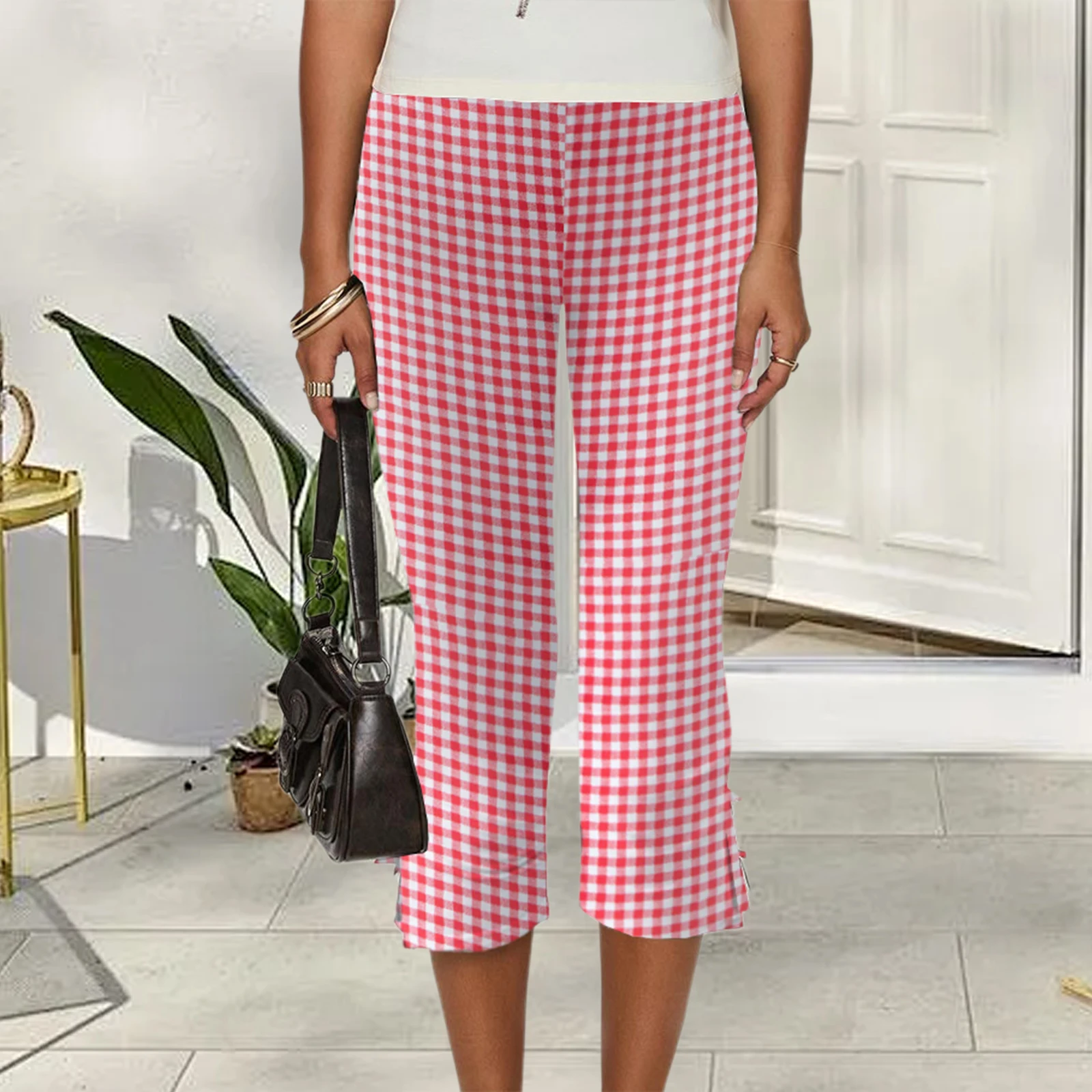 

Women Bow Decor Capri Pants Solid Color/Dots/Plaids Summer Casual Cropped Trousers Stylish Stretch Crop Leggings
