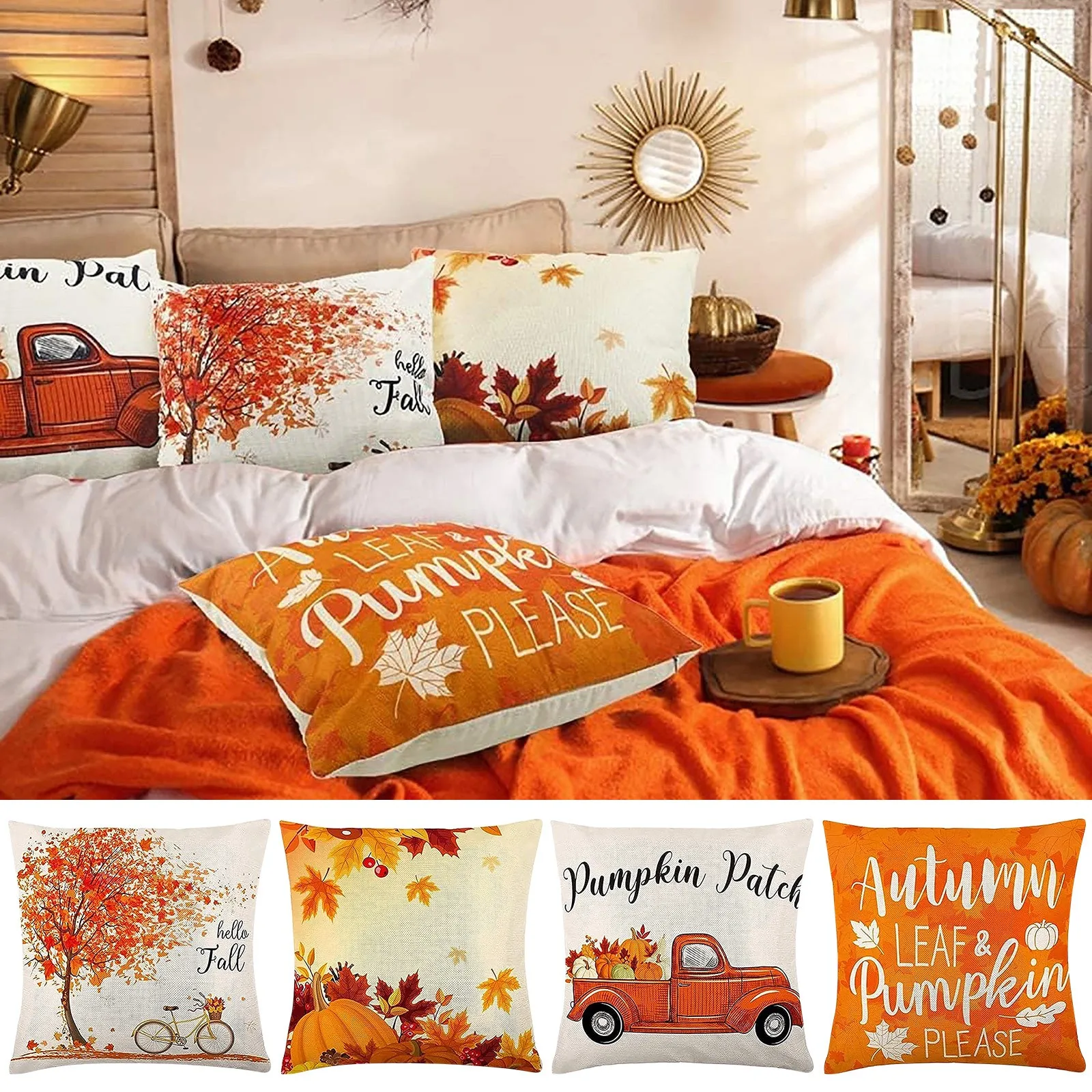 Fall Pillow Covers Set Of 4 18x18 Thanksgiving Farmhouse Single Silk Pillowcase Oversized Pillowcase Girls Pillowcase