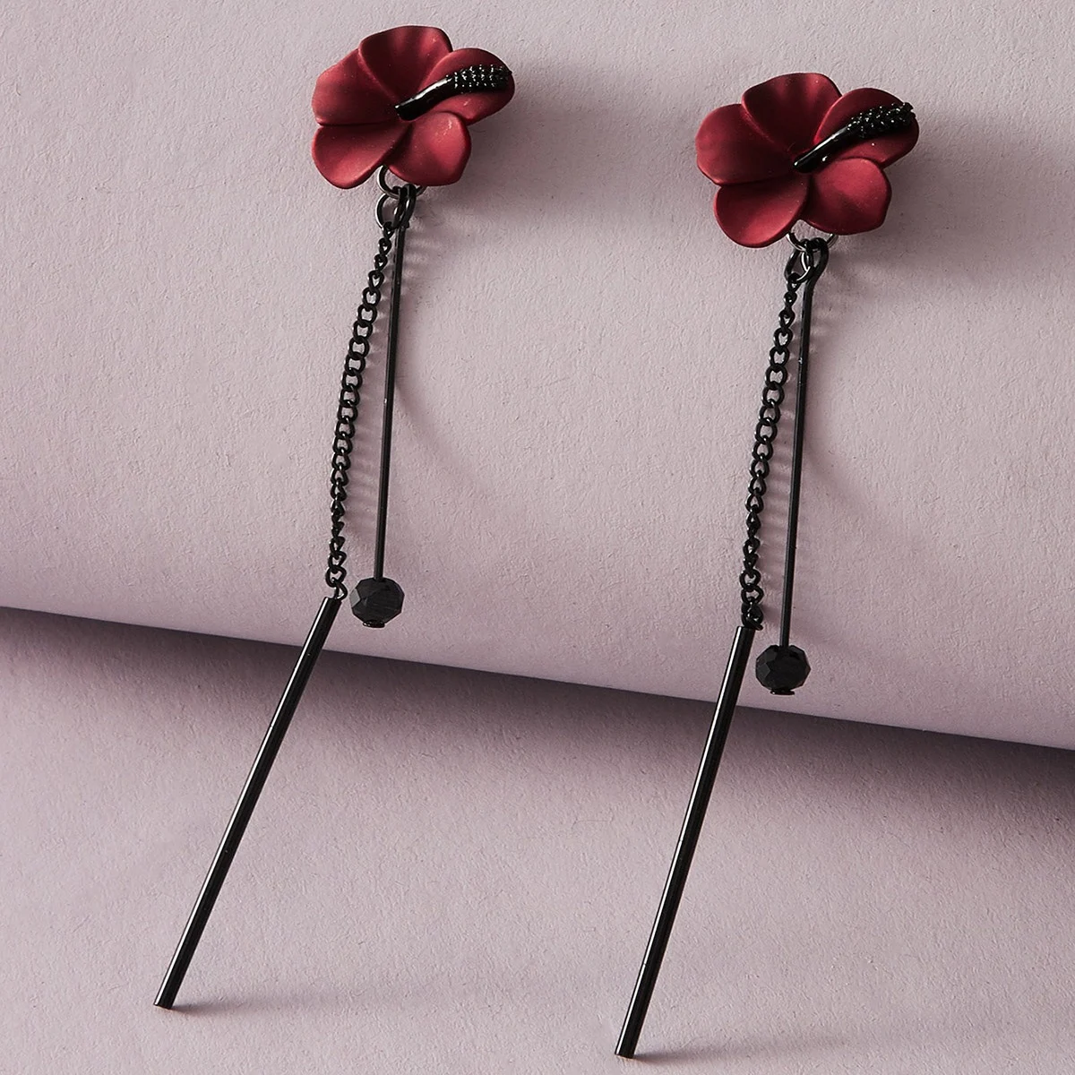 Vintage Red Rose Flower Tassel Stud Earrings For Women Temperament Long Hanging Pendant Dangle Korean Style Jewelry Gift
