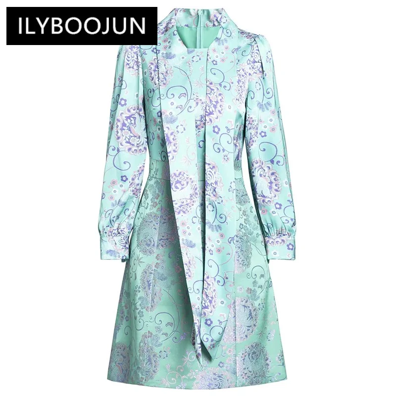 

ILYBOOJUN Autumn Winter Women's Dress Scarf Collar Bow Fashion Lantern Sleeved Slim Vintage Print Elegant Mini Dress