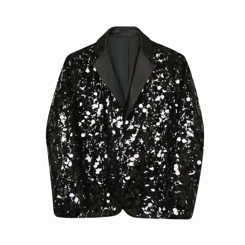 Korean Men\'s Sequins Blazer Glitters Bling Suit Jackets Singer Stage Shiny Clothing Black Silver Oversize Party Suit Coat Man