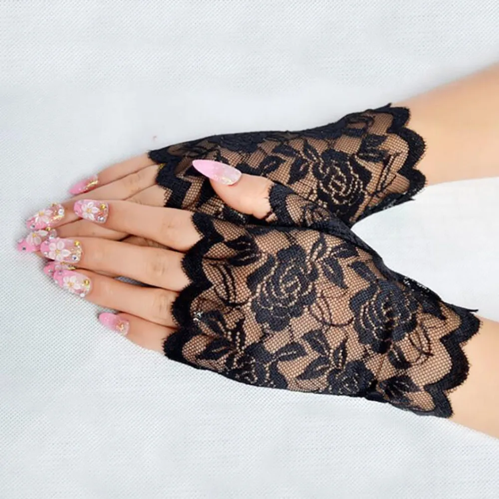 Spring Summer Sexy Lace Gloves for Women Sunscreen Short Gloves Fingerless Driving Gloves Half Finger Mittens Elastic