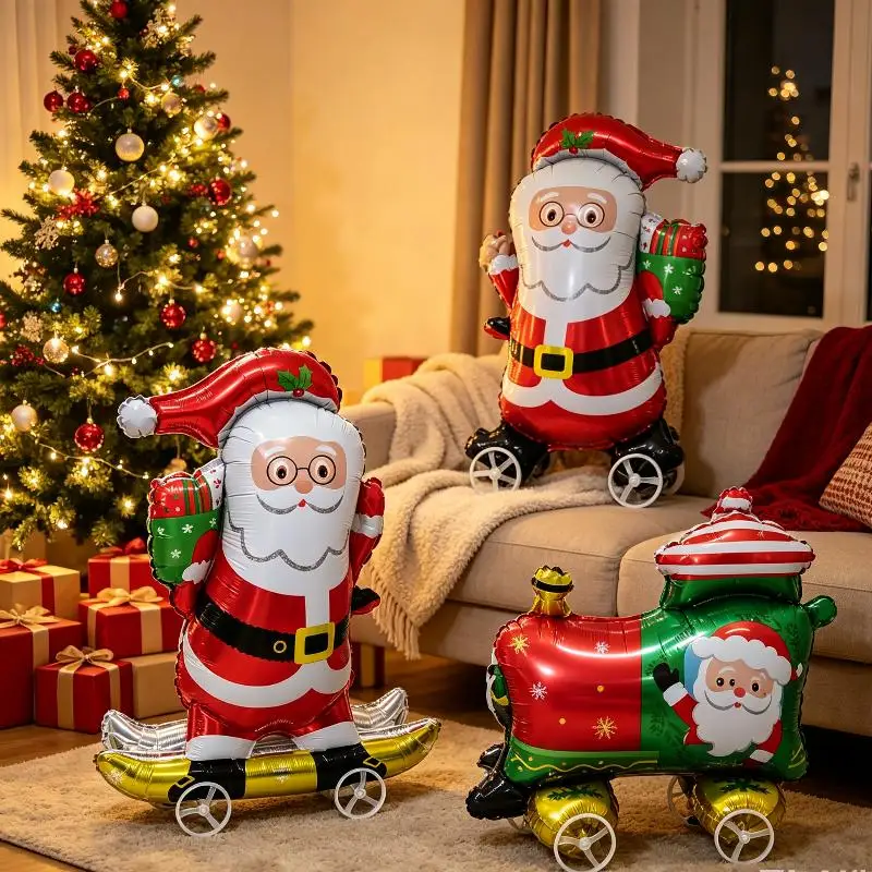 Cartoon Animal Stand Walking Balloon With Wheels Inflatable Cute Santa Claus Foil Balloon For Festival Party Decor Kids Gift