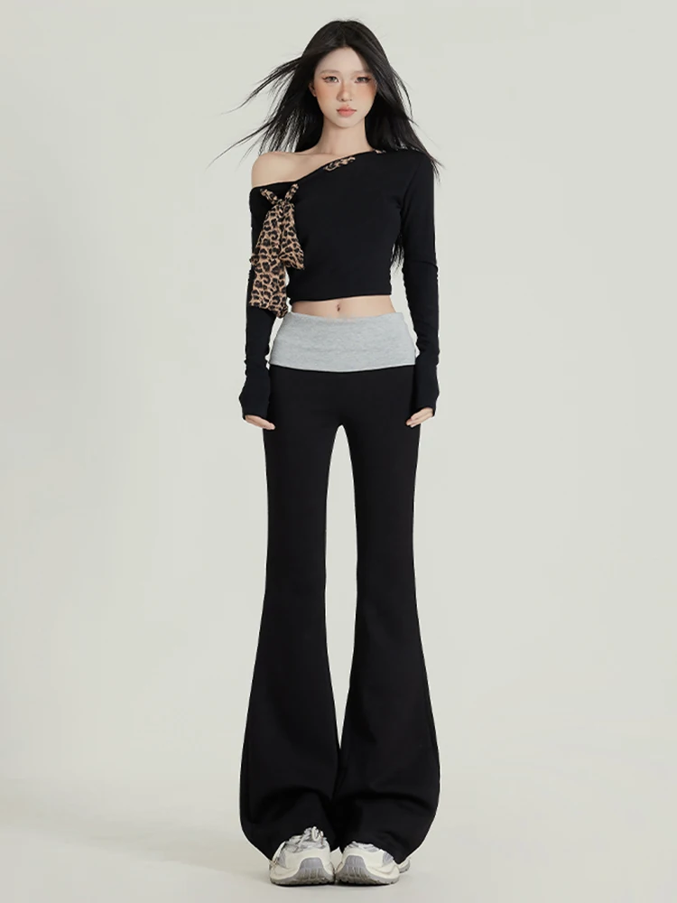 アメリカンスタイル ローウエスト カラーブロッキング スリム ベルボトム ヨガパンツ レディース 新作 2025 カジュアルパンツ ハイウエスト ポリエステル繊維