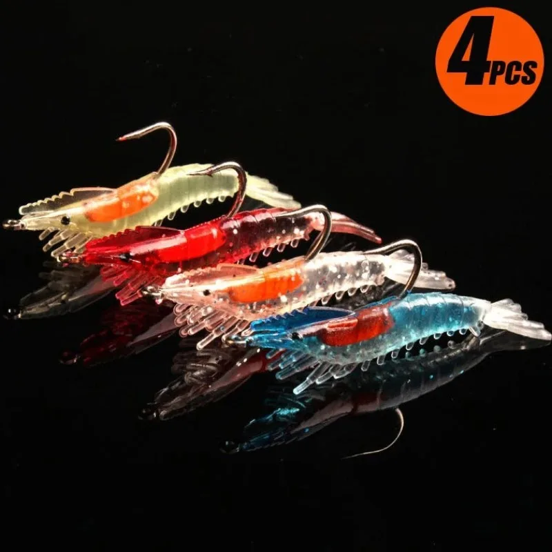 ANFS 4pcs/Bag 6cm 3g Luminous Simulation Shrimp Soft Bait Artificial Soft Rigs Fishing Lure Bass Sea Fishing Tackle