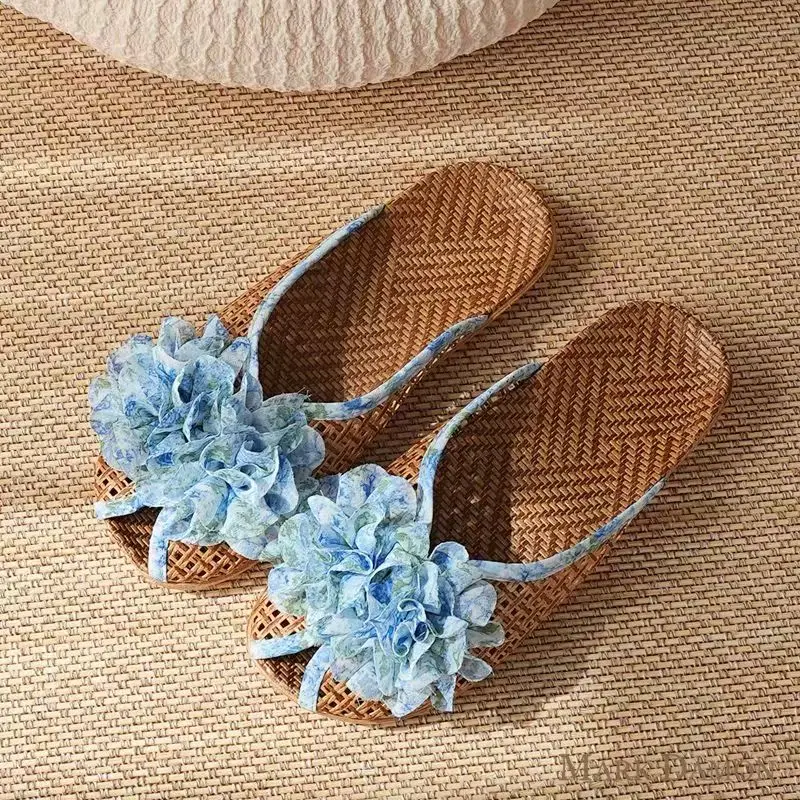 

Women Cane Woven Flower Baotou Slippers Summer New Soft Sole Non Slip Light Breathable Home Slippers Wood Floor Silent Slippers