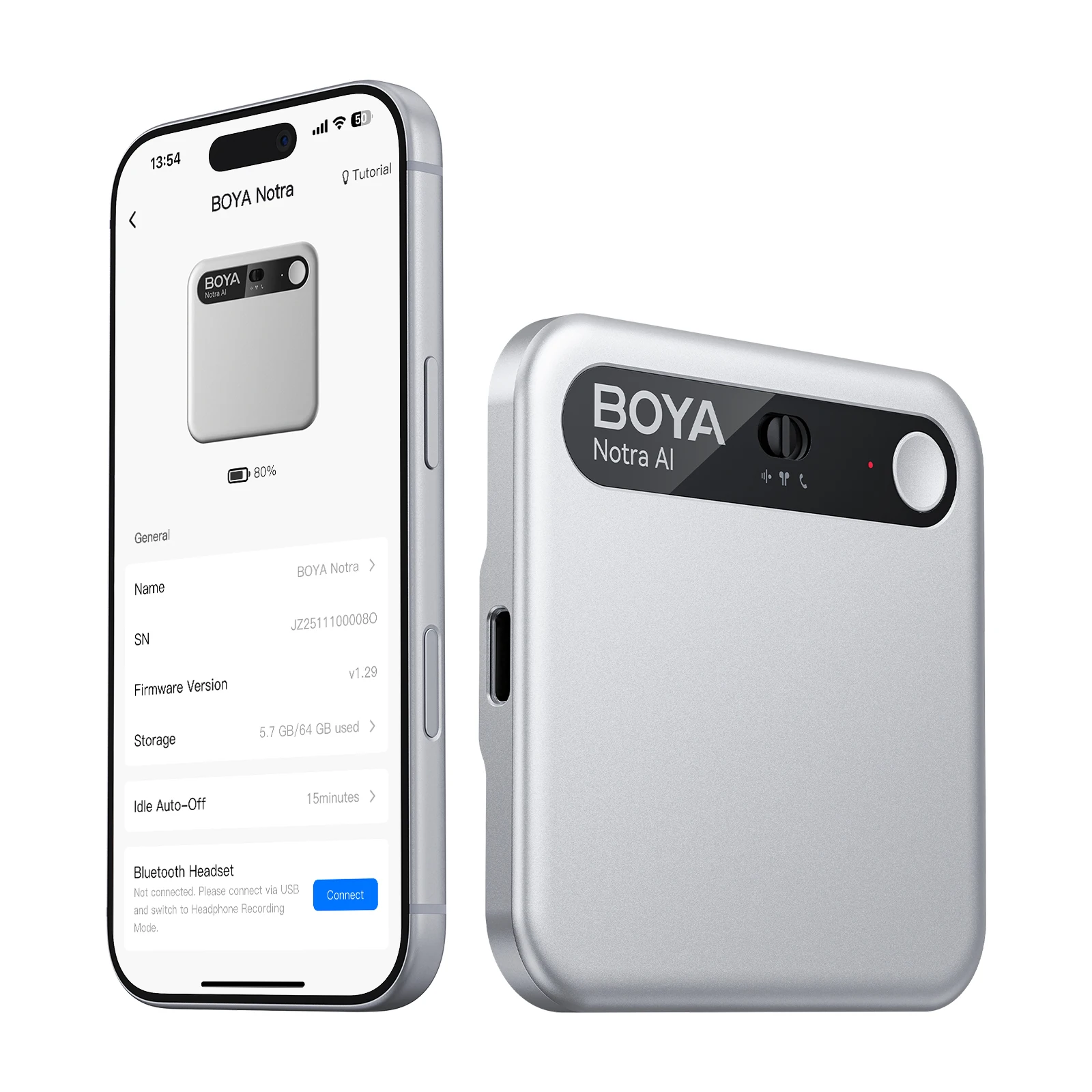 BOYA Notra 64GB Professioneel AI-opnameapparaat, meertalige AI-transcriptie slimme oproeprecorder voor conferenties & interviews
