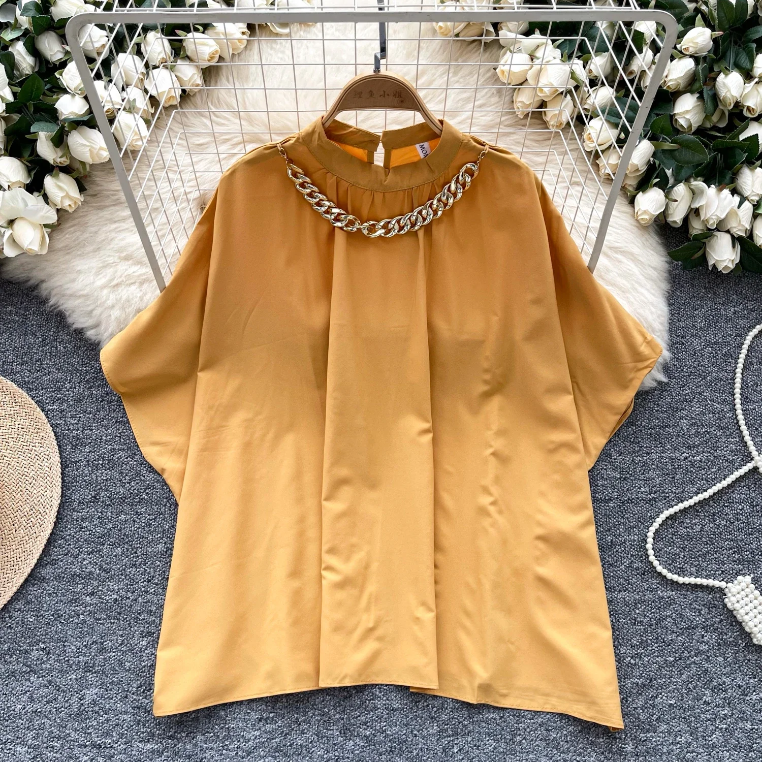 Chic O-neck Vintage Short Batwing Sleeve Basics Metal Chain Loose Top Korean Fashion Streetwear Casual High Street Autumn Blouse