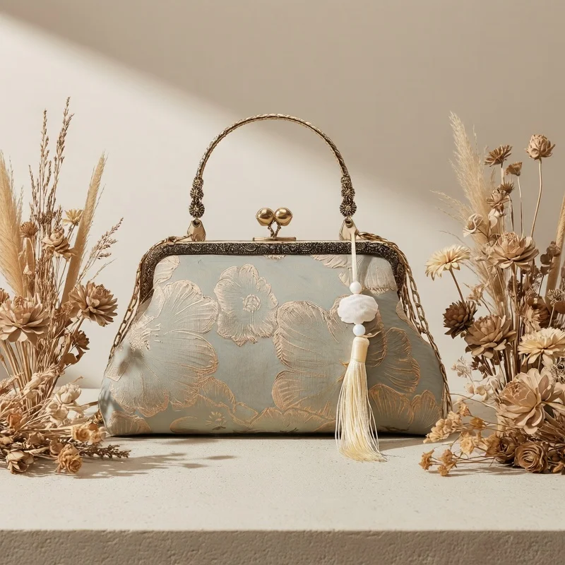 

Vintage Floral Embroidery Kiss Lock Tote Bag, Elegant Satin Handbag with Tassel Removable Chain Crossbody Bags for Women Party