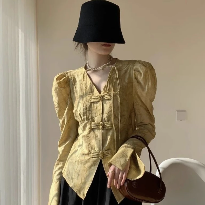 2024 Spring Fall Women V Neck Puff Full Flare Sleeve Yellow Grey Vintage Top Shirt , Woman Clothing Irregular Casual Tops Shirts