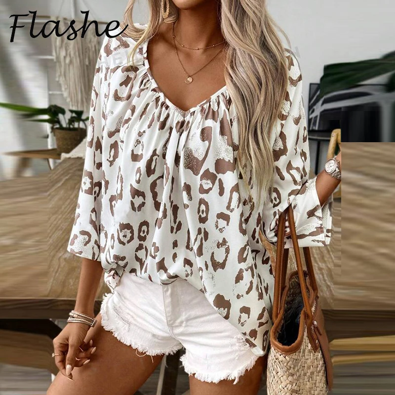 Elegant Leopard Printed Blouses Women Fashion V Neck 3/4 Sleeve Loose Pullover Tops Autumn Casual Shirts For Women