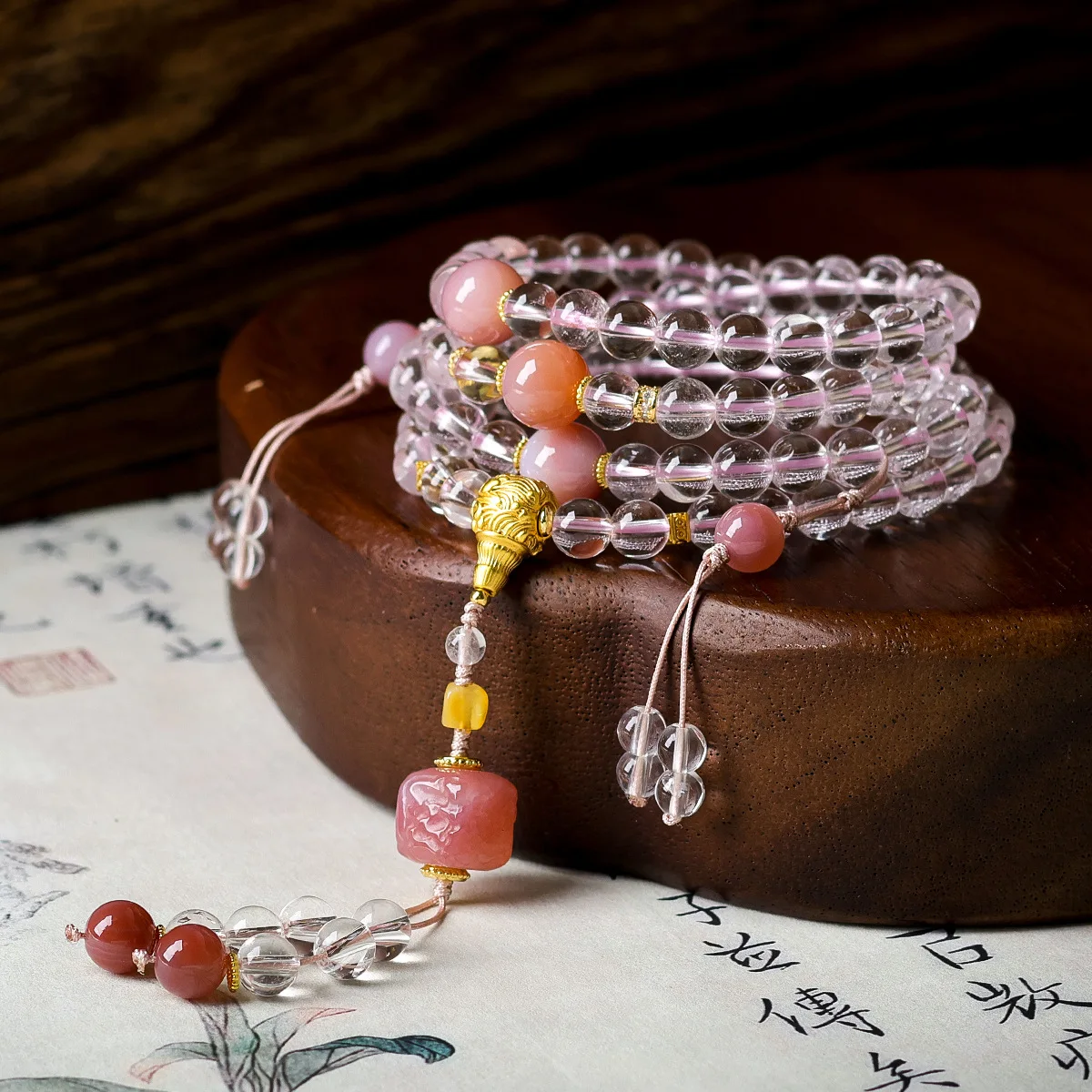 Natural White Crystal New Chinese Style Multi Wrap Bracelet Phoenix Peony Agate Prayer Bead Bracelet Necklace Gifts