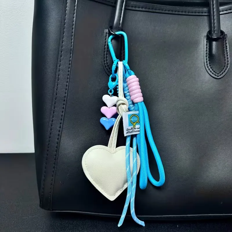Cute PU Heart Leather Rope Keychain Handmade Braided Rope Car Keyrings Ins Y2K Love Rope Bag Charm Children