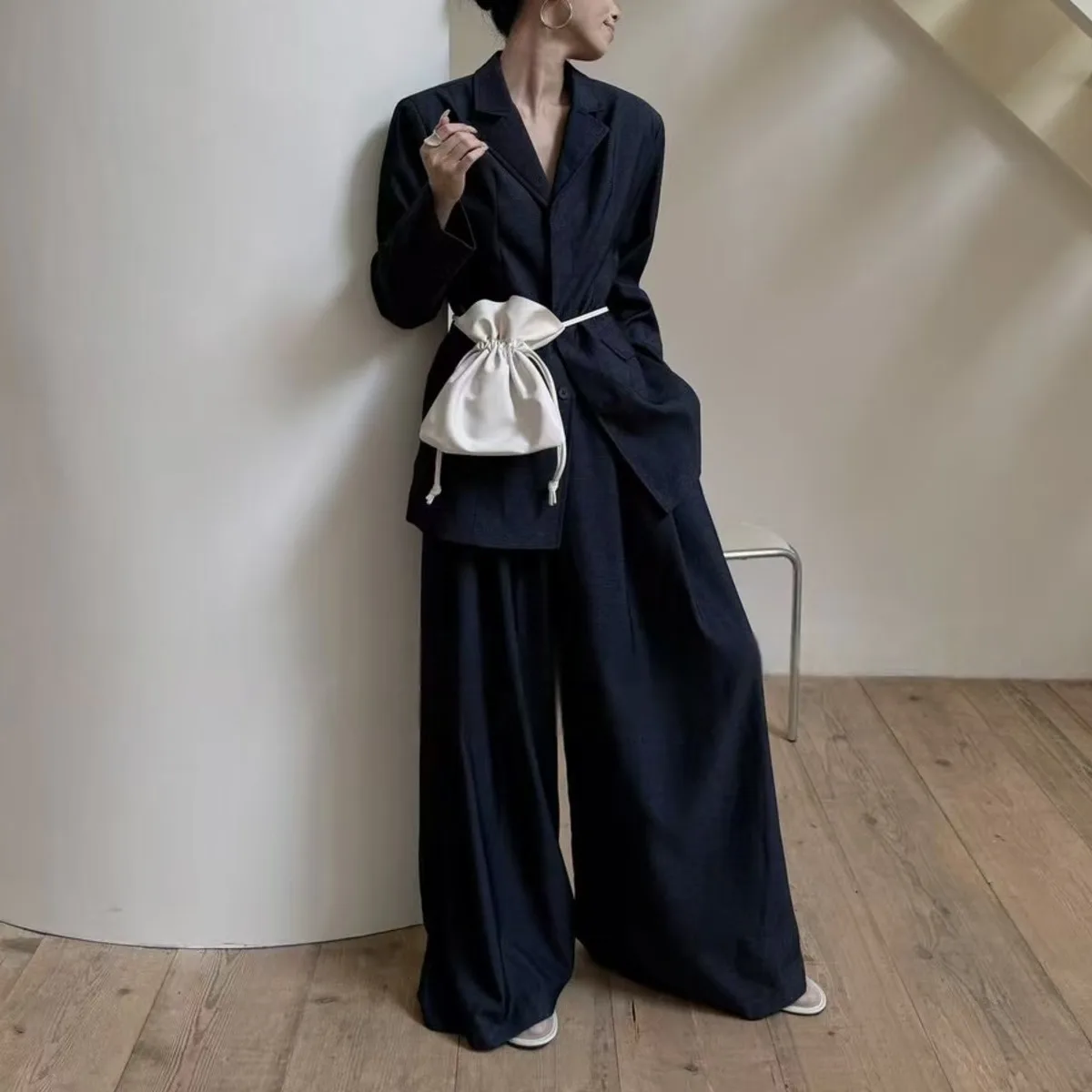 BJTZ Set giacca blazer vestibilità ampia solida per donna 2025 Blazer stile minimalista casual Top + pantaloni dritti a gamba larga Set due pezzi