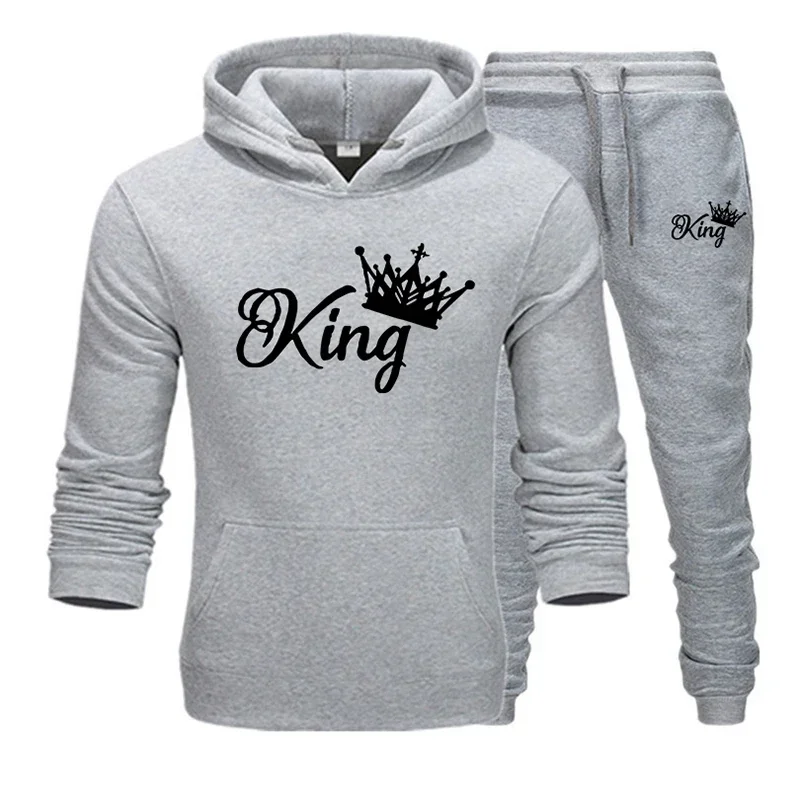 King Printed Autumn Winter Outdoor Sport Hoodies Cotton Fleece Tracksuit 2 Pieces Sets Sweatshirt+Pants Suit Hooded Sportswear