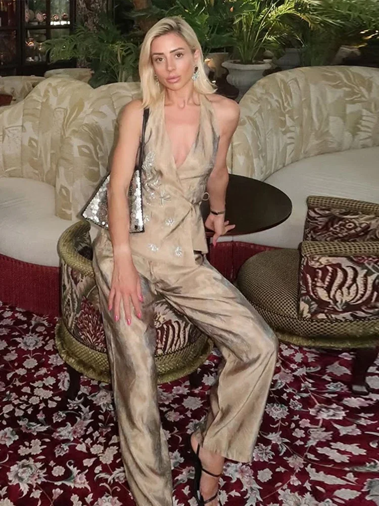 

Vintage Beading Vest Pants Sets Women Lace Up V-neck Sleeveless Halter Tops Wide Leg Trousers 2025 Summer New Lady Loose Outfits