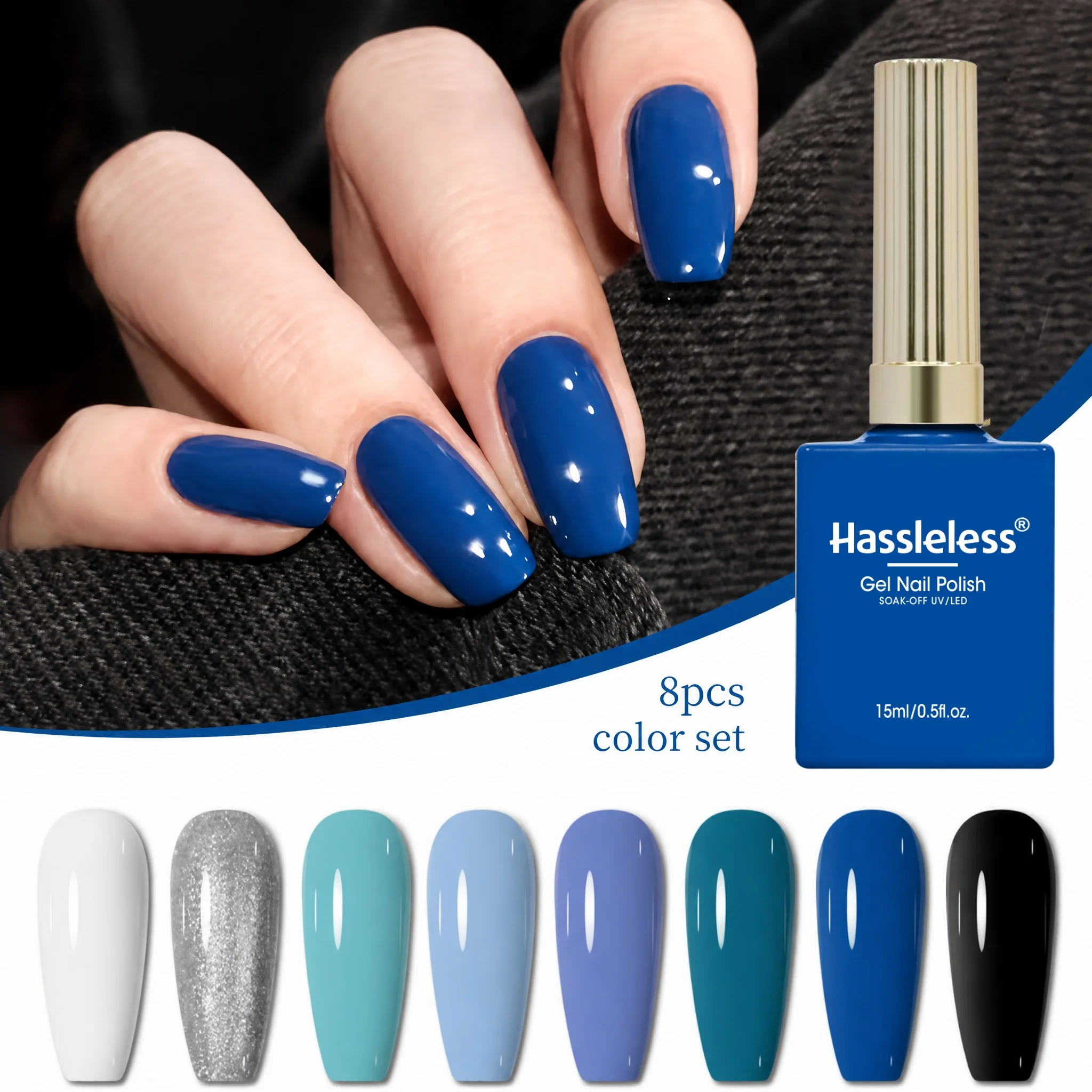 Hassleless 8Pcs Blue-Toned Nail Polish Set, a Combination of Milky White, Silver Glitter, Light Blue, Navy Blue, and Black Cool Tones, with Even and Long-Lasting Color Application, Creating a Cool, Simple, and High-End Nail Art Look