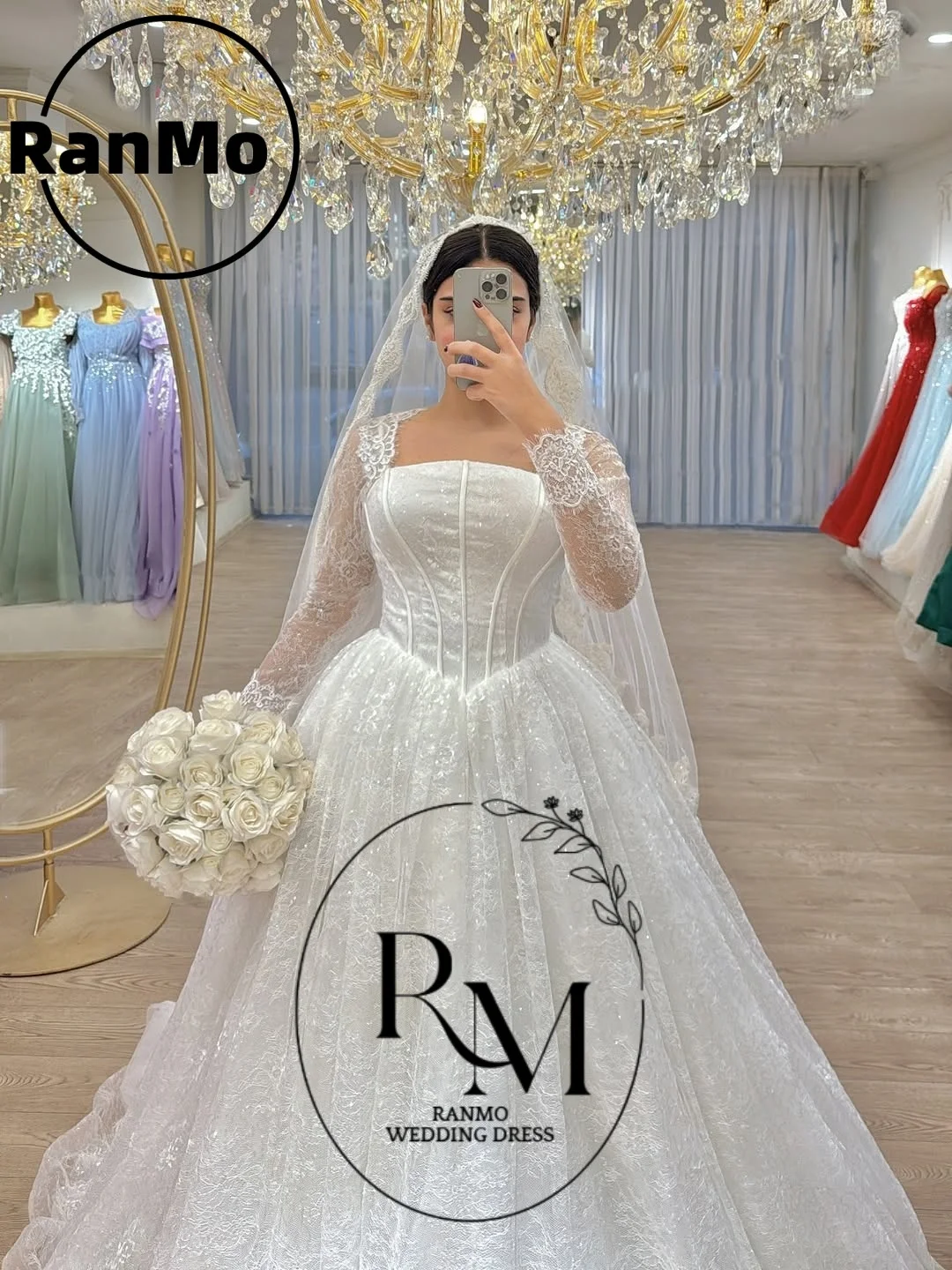 Ranmo Exquisite Square Collar 2026 Wedding Dress Full Sleeve A-Line Lace Pleat Customized Corest vestidos de novia Bride Gown