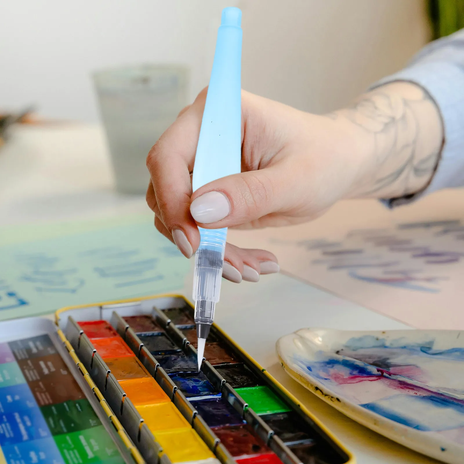 4 Pcs Travel Watercolor Brushes Refillable Paint Colorful Pen Tops Portable Paintbrush Ink Blue