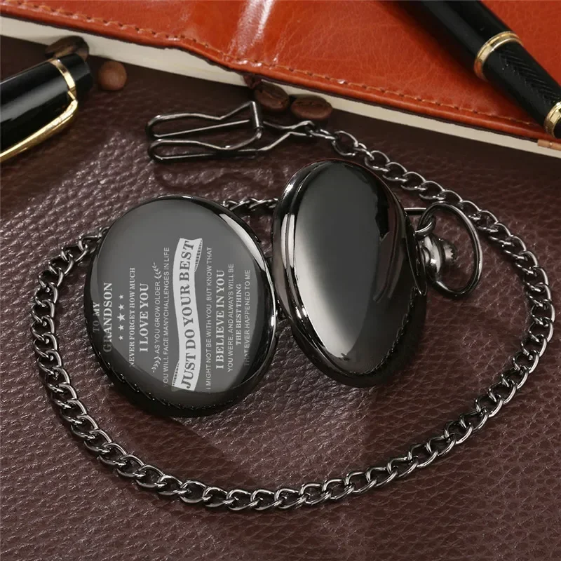 Classic Black Pocket Watch To My Grandson i Love You Boy Men Quartz Analog Clock with Pendant Chain Fob Watch Gift To Kids