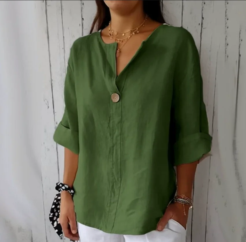 Plus Size Women's V-Neck Cotton Linen Button Top Loose Shirt Casual Shirt&Blouses Solid Fashion Elegant Office Womens Clothing view 5