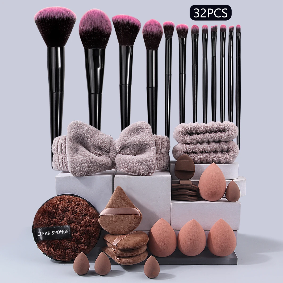 Juego de brochas de maquillaje multiusos, 32 Uds., esponja de maquillaje sin obstrucciones, esponja para polvo de huevo y banda para el cabello de limpieza suave, juego de correas para la muñeca