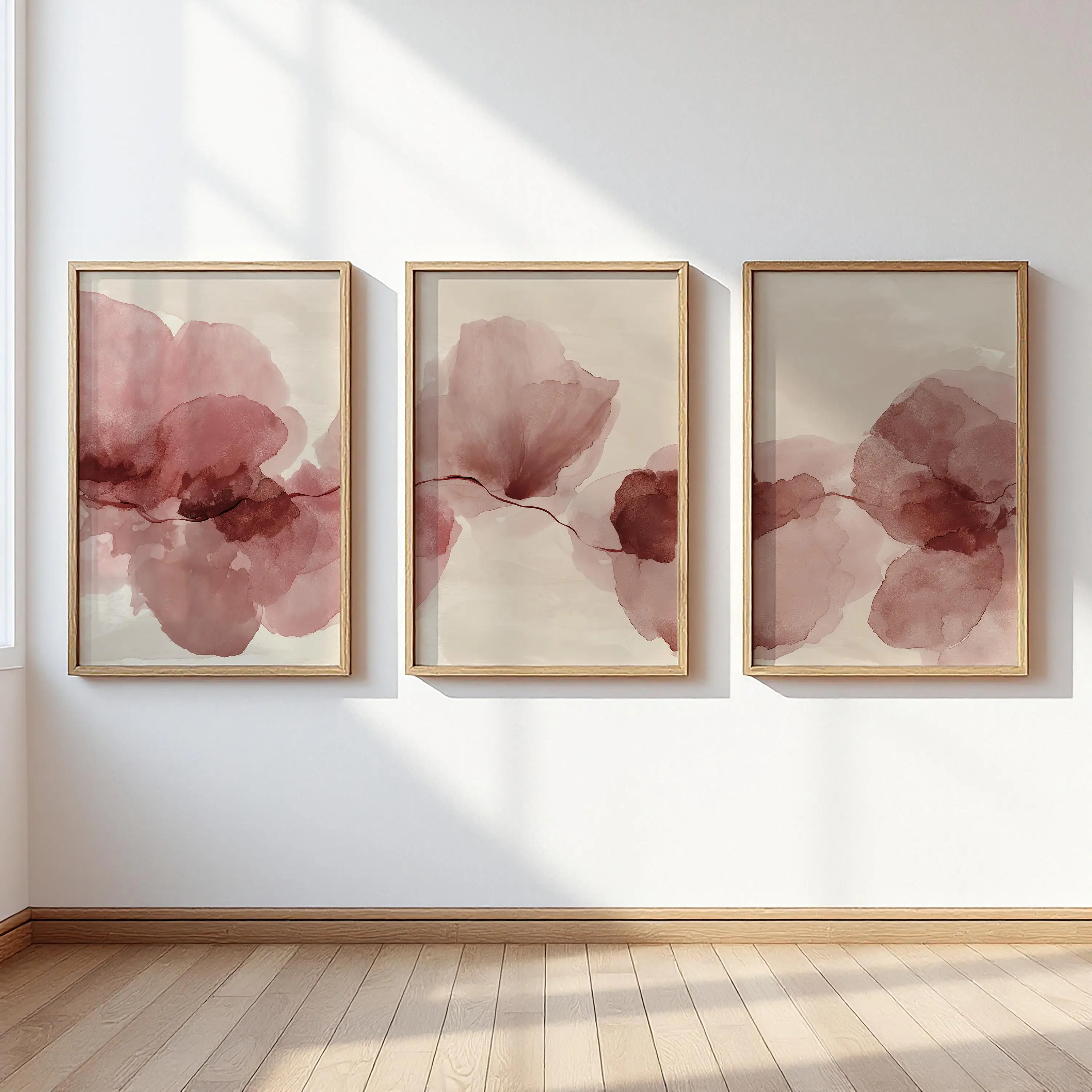 Blush Pink Burgundy Floral Wall Art Set of 3,Watercolor Poppy Petal Poster,Botanical Modern Contemporary LivingRm Bedroom Decor