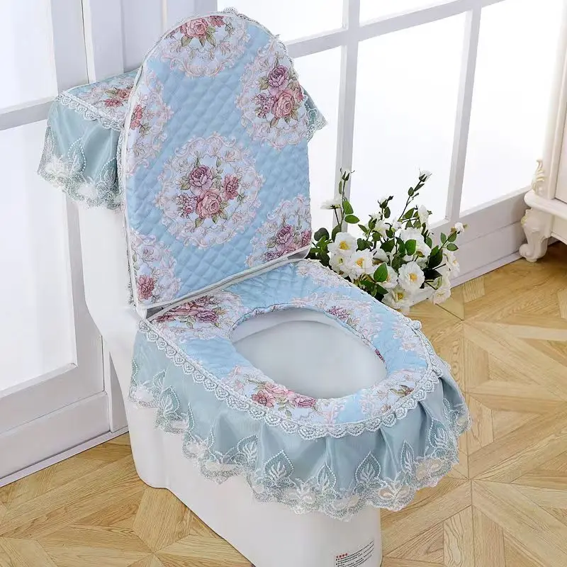 European Lace Toilet Seat Cushion 3Pc/Set Home Toilet Seat Cover Four Seasons Universal Polyester Washable Toilet Ring Pad