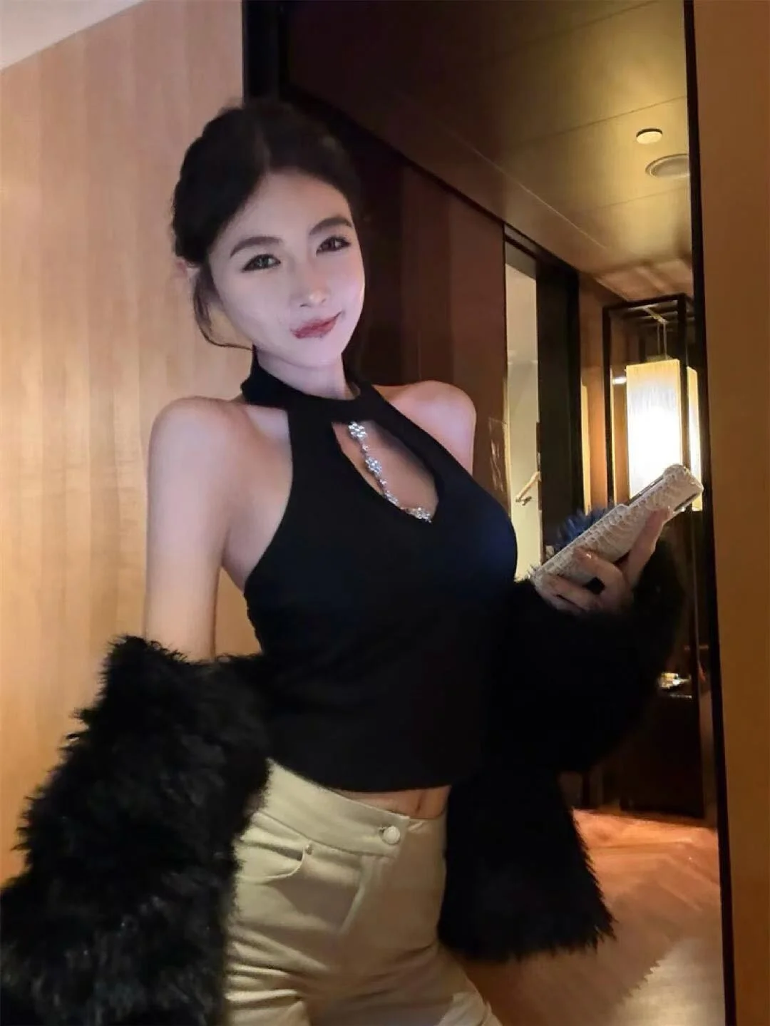 

Black Hollow out Neck Vest Women's Casual Style Autumn 2024 New Fashion Set with High Waist Pants Elegant Lady Trend