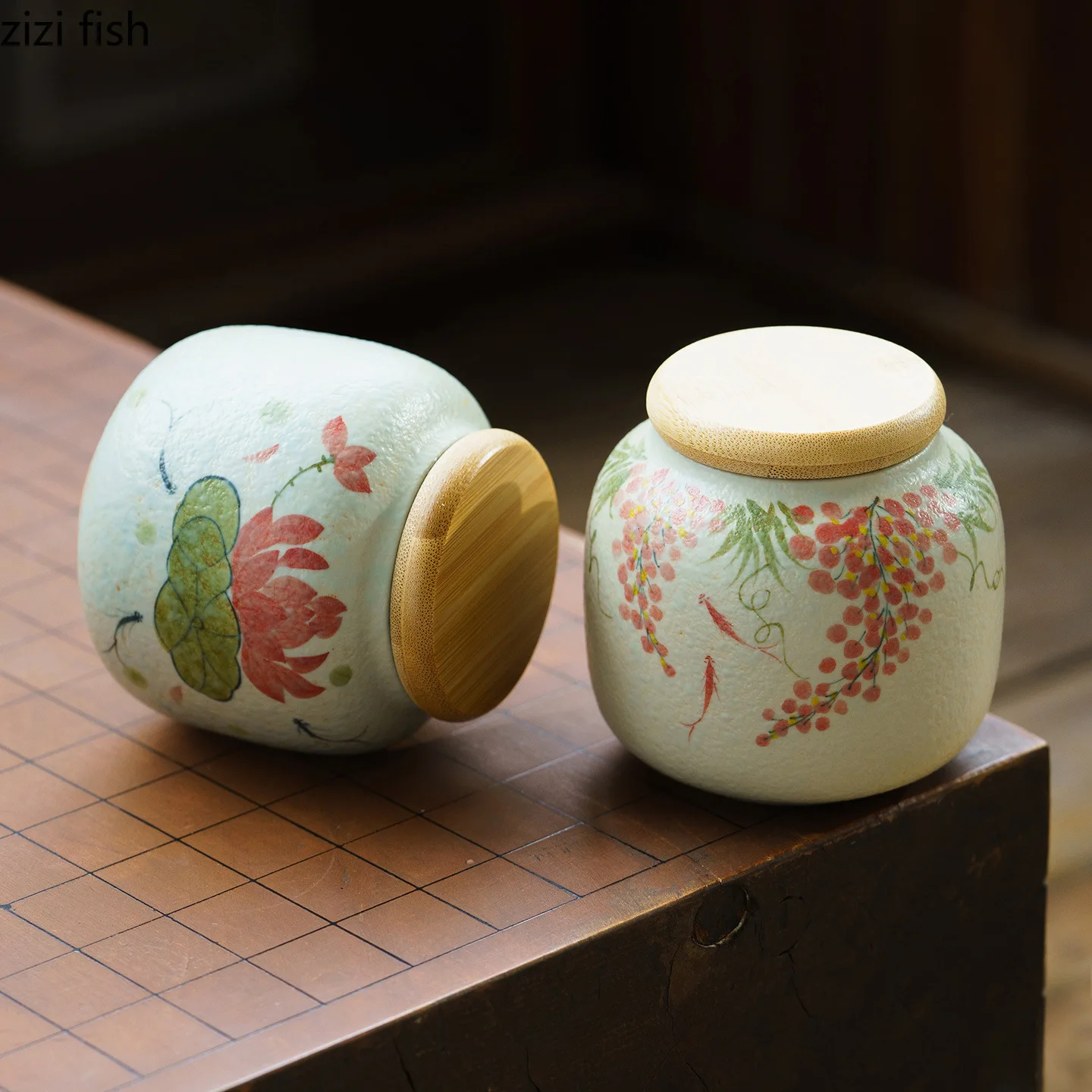 Hand Drawn Floral Animal Ceramic Tea Box Tea Jar Small Portable Moisture Proof Sealed Jar Tea Storage Container Home Teaware