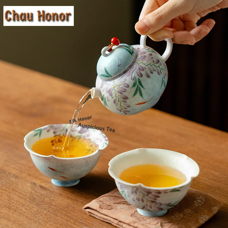 Wisteria Starry Sky Blue Round Belly Tea Set Complete Set Aesthetic Tea Ceremony Set Teapot and Tea Cup Set Cha Supplies Craft