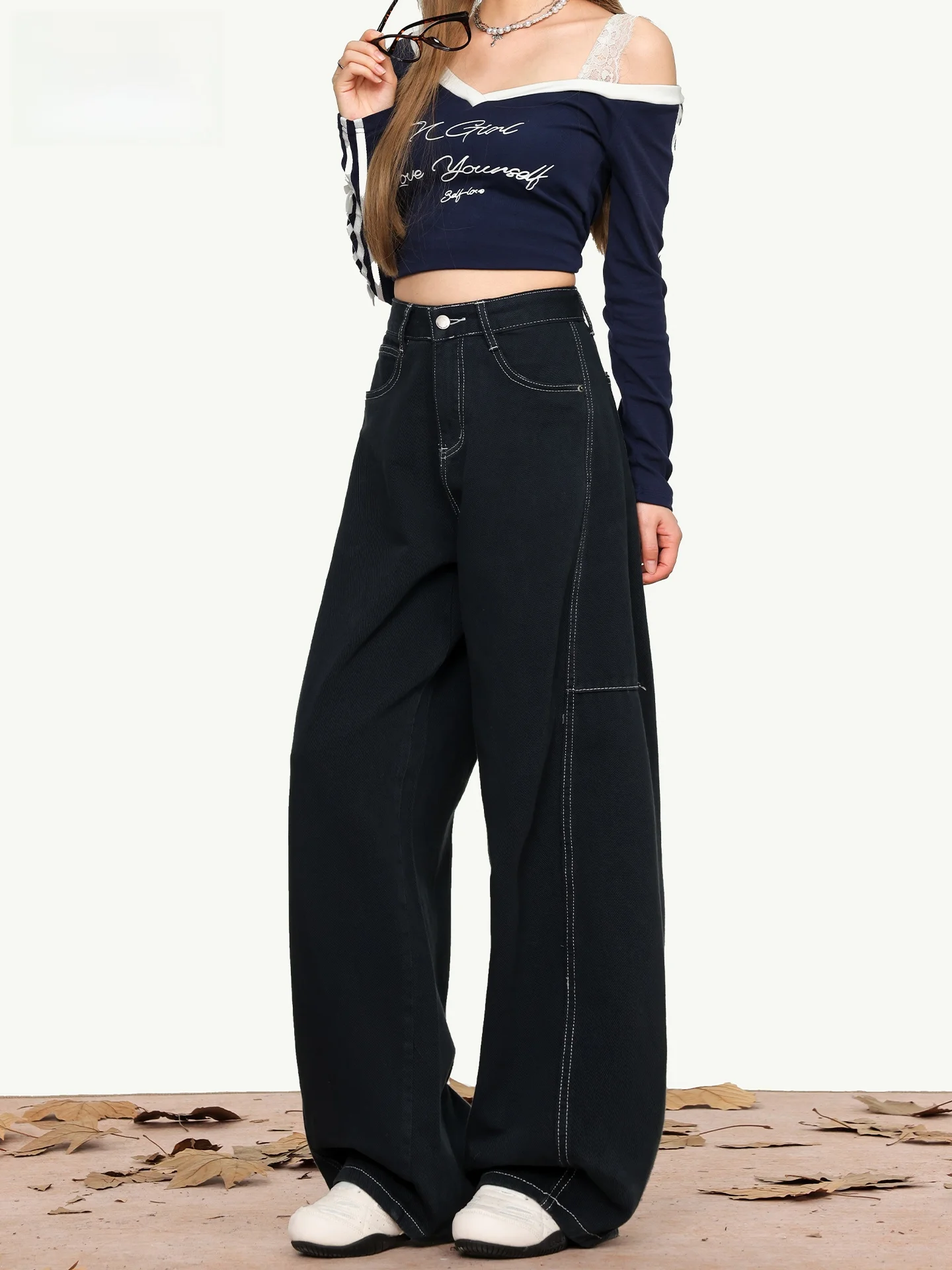 

High Waist Wide Leg Jeans Women's Night Blue Loose Fit Casual Bootcut Pants Summer Trendy Jeans Casual High Waist