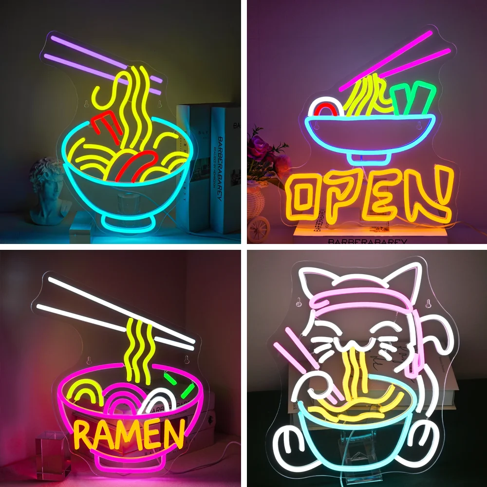 Enseigne au néon Ramen à intensité variable pour la décoration murale, néons multicolores pour restaurant, magasin, fenêtre