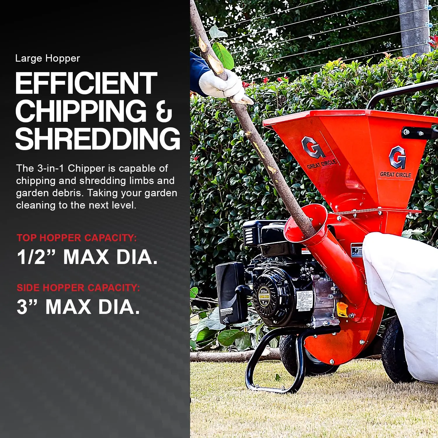 GreatCircleUSA Wood Chipper Shredder Mulcher Heavy Duty Gas Powered 3 in 1 Multi-Function 3