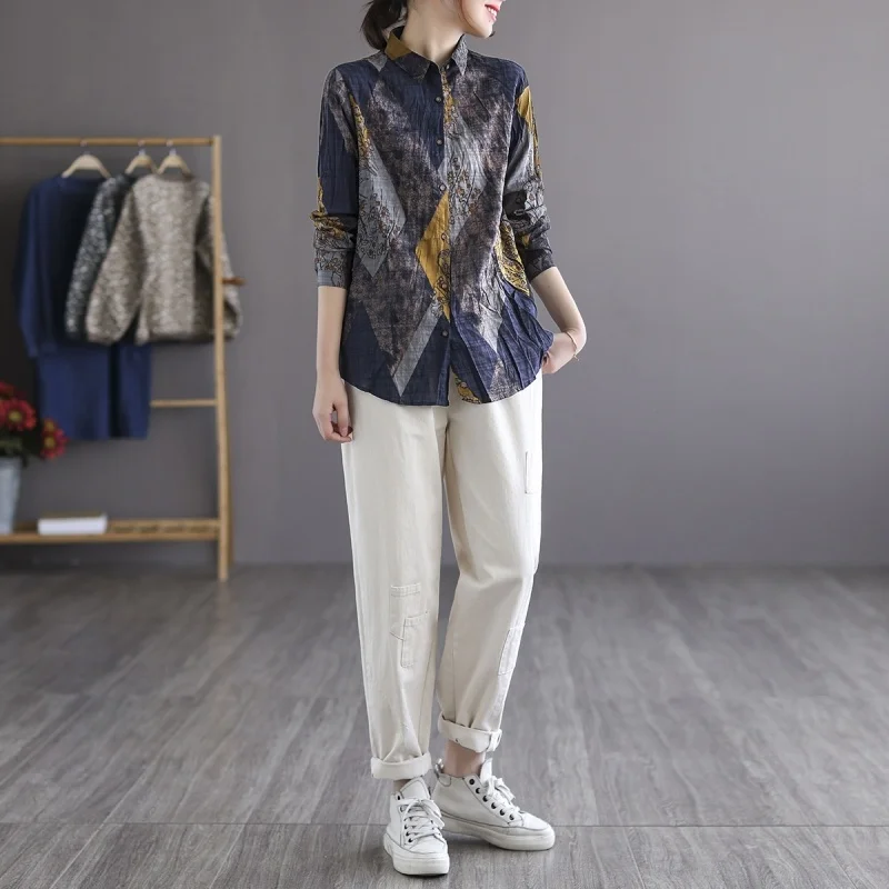 2024 New Autumn Fashion Women's Loose Artistic Retro Casual Shirt Women's Printed Single-breasted Long-sleeved T-shirt Top