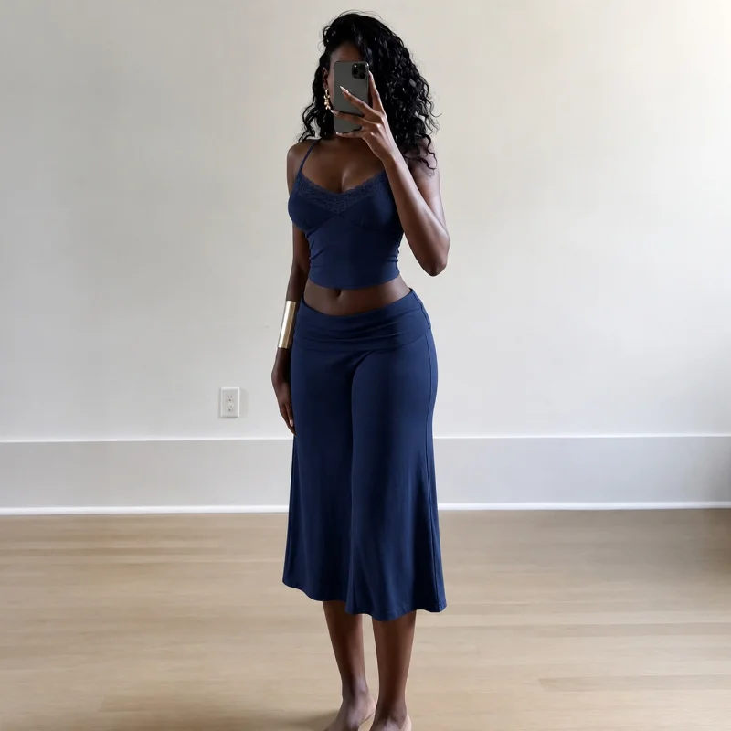 Casual Lace Splice V-neck Strap Loose Wide-leg Pants Two-piece Set Women's Home Leisure Outfit Polyester Fiber T-shirt Style