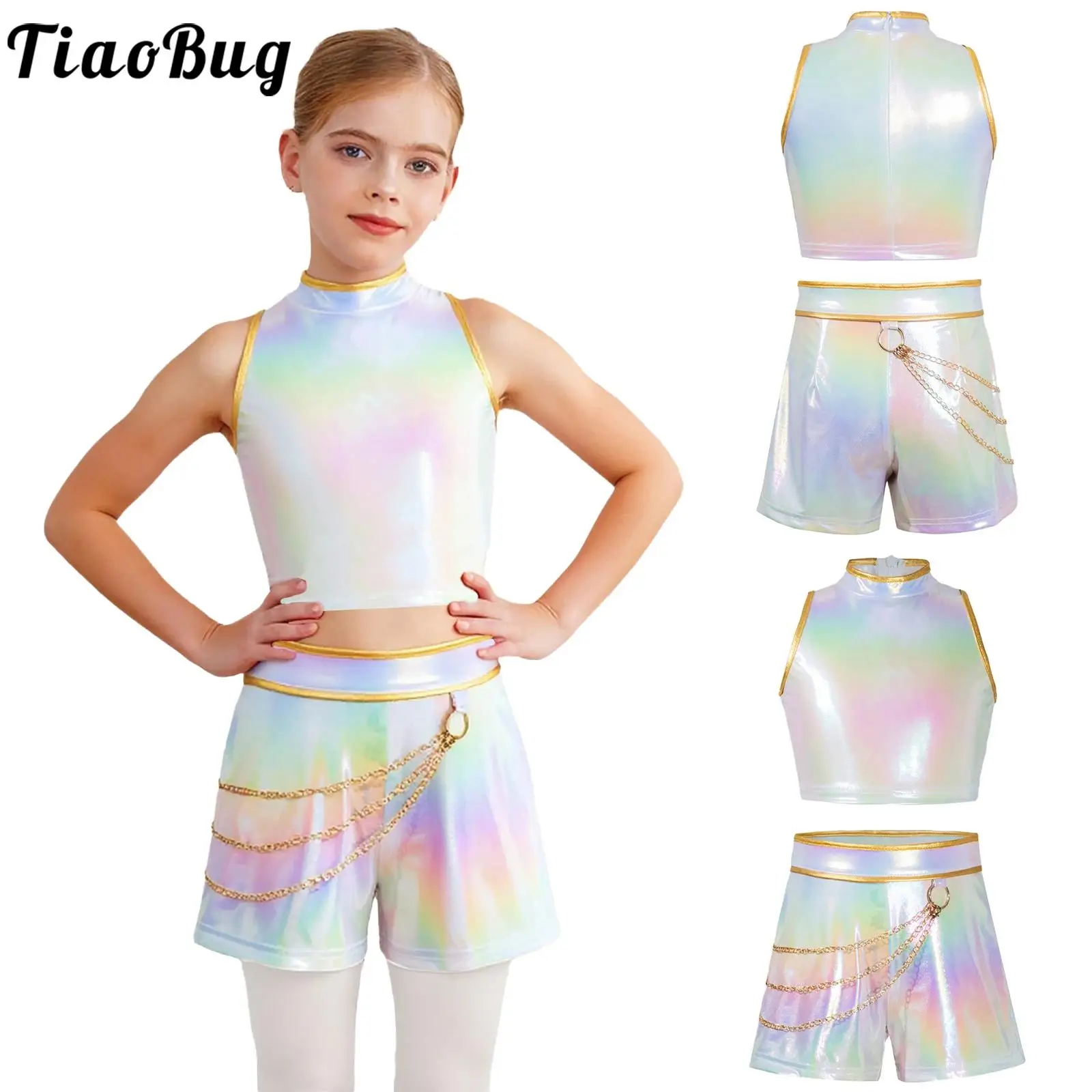 

Girls Hunter Singer Stage Role Play Outfit Metallic Gloss Sleeveless Tank Top Belt Waist Chain Shorts Halloween Party Costume