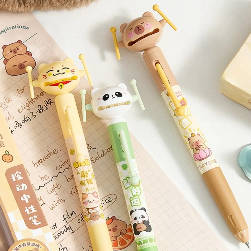 3 pièces/ensemble mignon Kitty Capybara Gel stylo maneki-neko encre noire en bois poisson Fortune chat stylo poignée souple écriture 0.5mm stylo papeterie