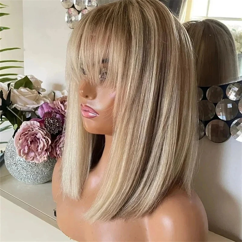 250% de densidad Ombre rubio ceniza Bob corto recto con Bnags HD transparente encaje frontal pelucas de cabello humano tamaño pequeño/grande Cosplay