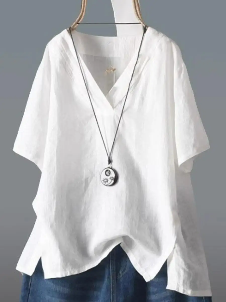 camiseta-feminina-de-algodao-e-linho-caimento-solto-cor-solida-verao-tamanho-grande-estilo-artistico-manga-curta-casua