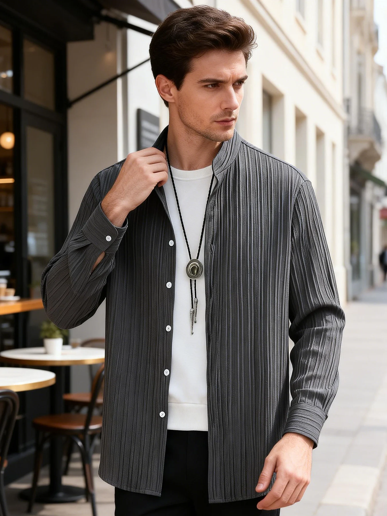 

Men's Dark Gray Ribbed Texture Stand Collar Long Sleeve Shirt Spring Sophisticated Loose Casual Drapey Top