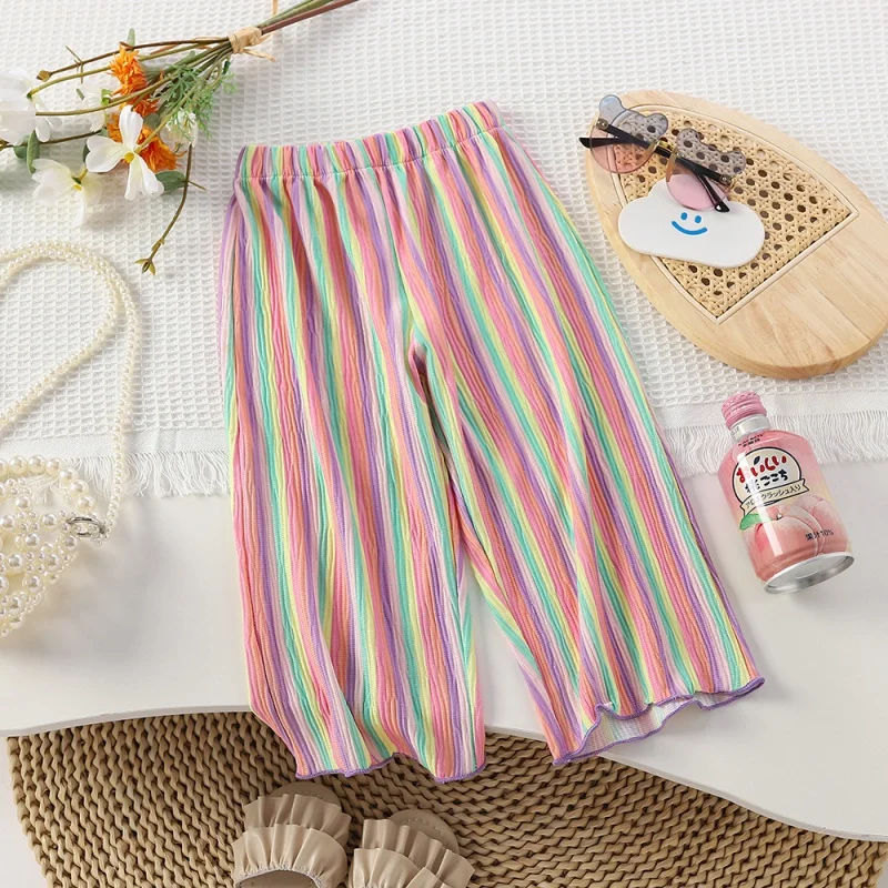 

Girls' Summer New Anti-Mosquito Pants Thin Rainbow Fashionable Straight-up All-Match Wide-Leg Flared Trousers-KXKM