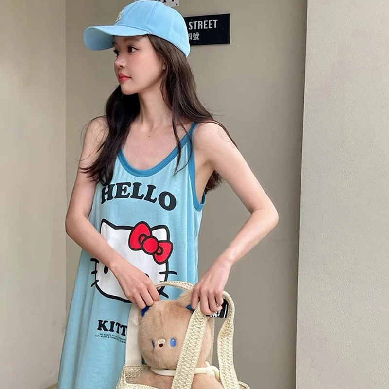 

Kawaii Sanrio Anime Nightgown Cute Hello Kitty Cartoon Minimalist and Versatile Loose Oversized Suspender Loungewear Girls Gifts